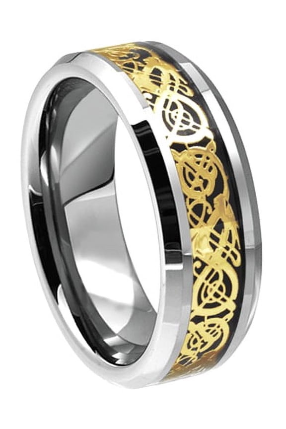 Tungsten Wedding Band Ring 8mm Men's Engagement Silver & Gold Celtic Dragon Black Carbon Fiber Inlay