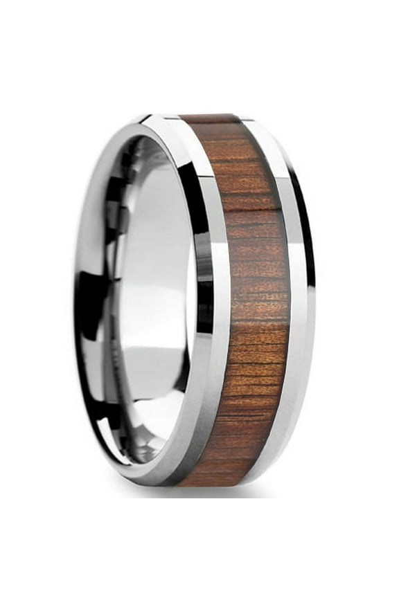 Tungsten Wedding Band Ring 8mm Men's Engagement Silver & Koa Wood Inlay Lifetime Warranty