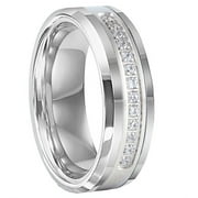 MERAVI JEWELERS Tungsten Wedding Band Ring 8mm Men's Engagement Silver with 13 Cz Stone Inlay in Titanium Center