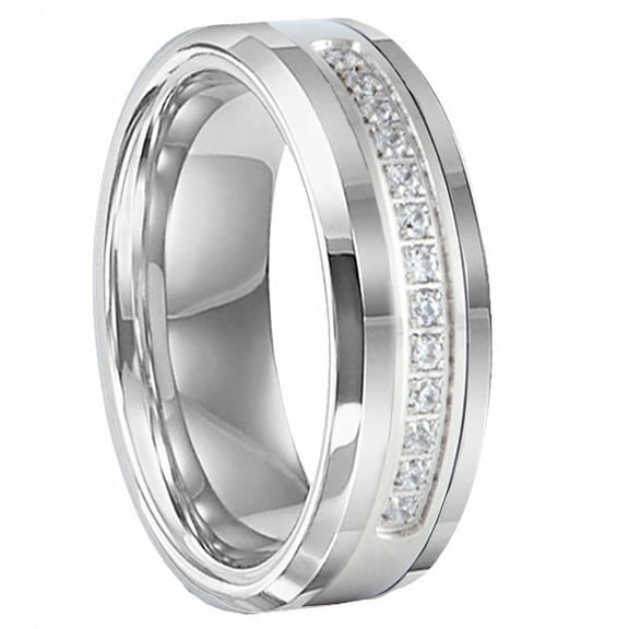 Tungsten Wedding Band Ring 8mm Men's Engagement Silver with 13 Cz Stone Inlay in Titanium Center