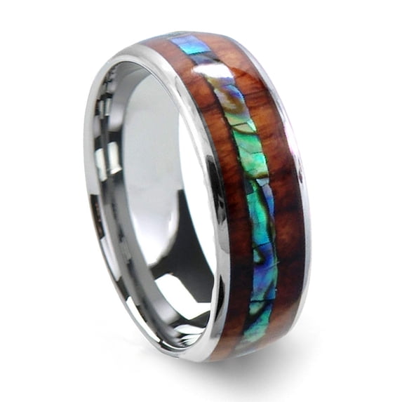 Tungsten Wedding Band Ring 8mm Men's Engagement Silver with Abalone & Koa Wood Inlay