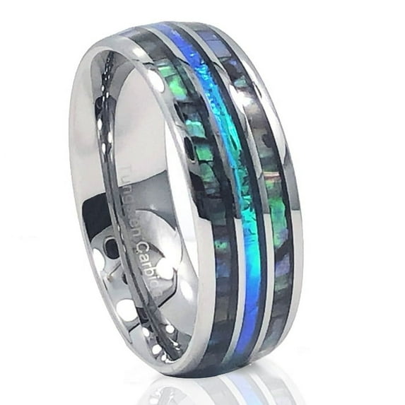 Tungsten Wedding Band Ring 8mm Men's Engagement Silver with Abalone & Koa Wood Inlay