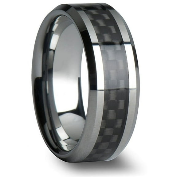 Tungsten Wedding Band Ring 8mm Men's Engagement Silver with Black Carbon Fiber