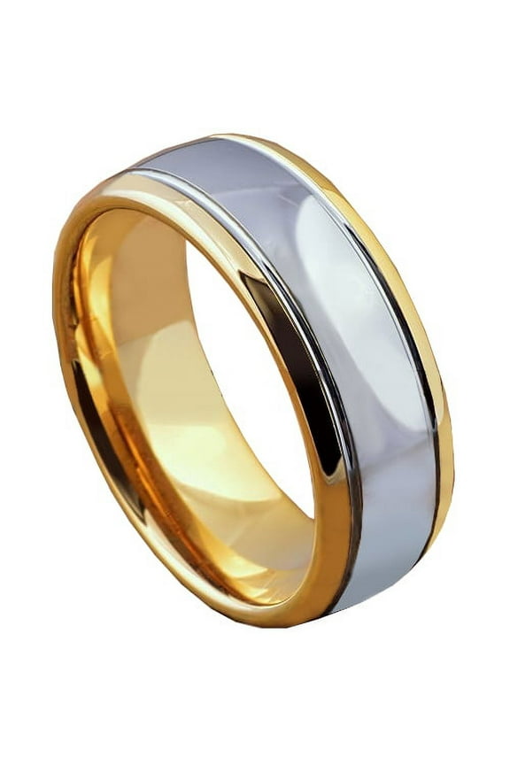 Tungsten Wedding Band Ring 8mm Men's Engagement Silver with Gold Dome Edges Comfort Fit