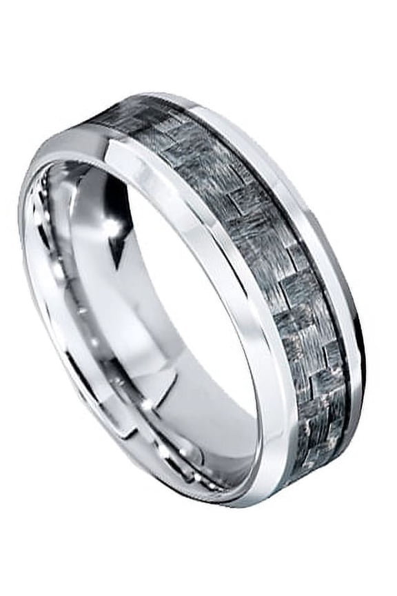 Tungsten Wedding Band Ring 8mm Men's Engagement Silver with Gray Carbon Fiber Inlay Comfort Fit