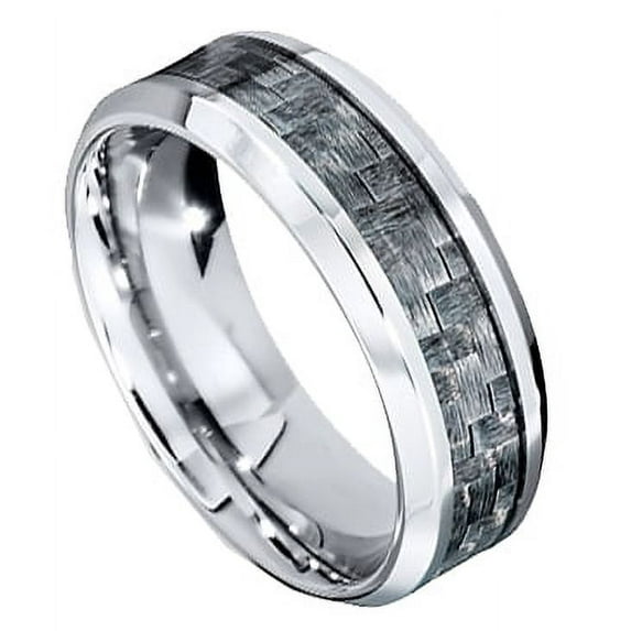 Tungsten Wedding Band Ring 8mm Men's Engagement Silver with Gray Carbon Fiber Inlay Comfort Fit