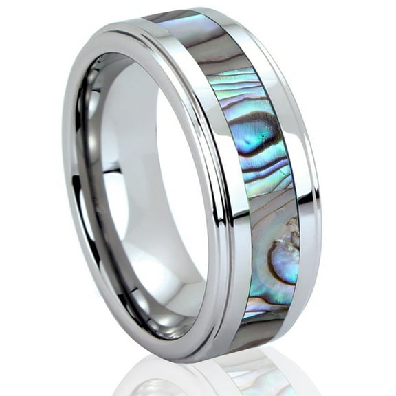 Tungsten Wedding Band Ring 8mm Men's Engagement Silver with Natural Abalone Shell Inlay Comfort Fit