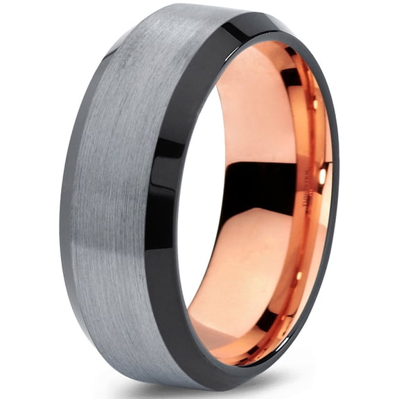 Tungsten Wedding Band Ring 8mm for Men Women Black & 18K Rose Gold Plated Beveled Edge Brushed Polished Lifetime Guarantee