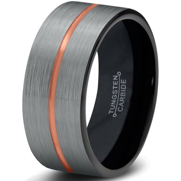 Tungsten Wedding Band Ring 8mm for Men Women Black & 18K Rose Gold Plated Center Line Pipe Cut Brushed Polished Lifetime Guarantee