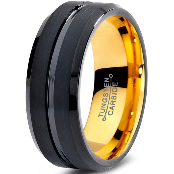 Tungsten Wedding Band Ring 8mm for Men Women Black & 18K Yellow Gold Plated Beveled Edge Brushed Polished Lifetime Guarantee