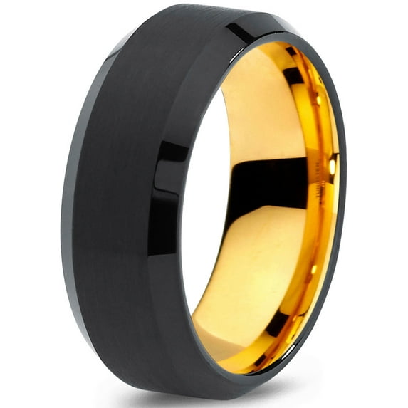 Tungsten Wedding Band Ring 8mm for Men Women Black & 18K Yellow Gold Plated Beveled Edge Brushed Polished Lifetime Guarantee