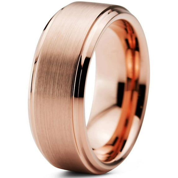 Tungsten Wedding Band Ring 8mm for Men Women Comfort Fit 18K Rose Gold Plated Plated Beveled Edge Brushed Polished Lifetime Guarantee