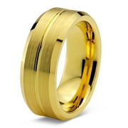 Tungsten Wedding Band Ring 8mm for Men Women Comfort Fit 18K Yellow Gold Plated Beveled Edge Brushed Polished Lifetime Guarantee