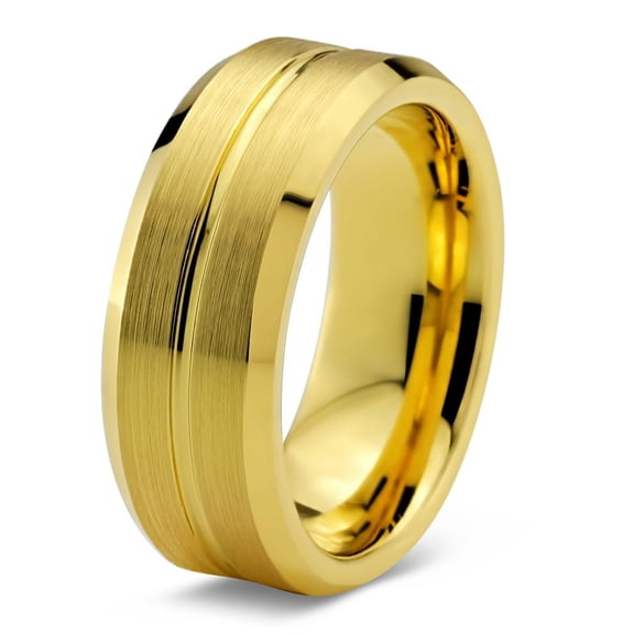 Tungsten Wedding Band Ring 8mm for Men Women Comfort Fit 18K Yellow Gold Plated Beveled Edge Brushed Polished Lifetime Guarantee