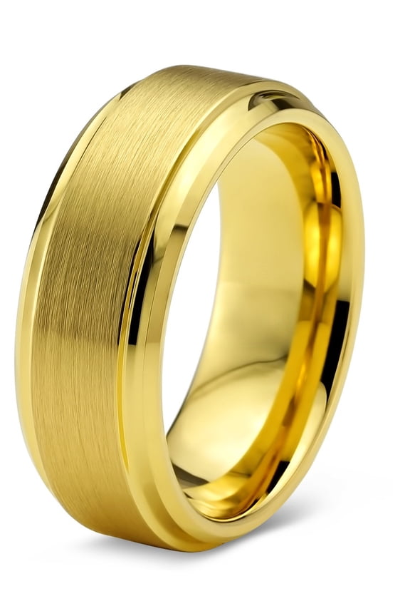 Tungsten Wedding Band Ring 8mm for Men Women Comfort Fit 18K Yellow Gold Plated Step Beveled Edge Brushed Polished Lifetime Guarantee