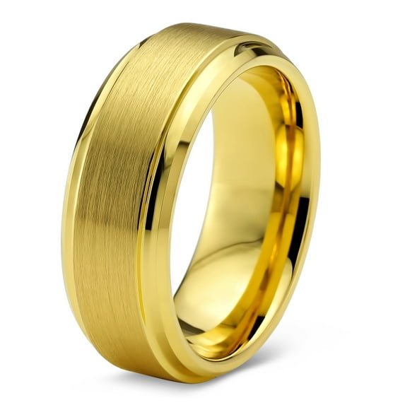 Tungsten Wedding Band Ring 8mm for Men Women Comfort Fit 18K Yellow Gold Plated Step Beveled Edge Brushed Polished Lifetime Guarantee