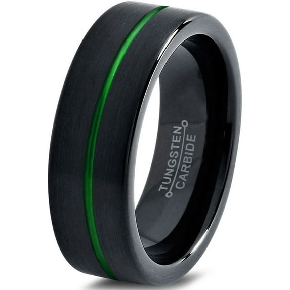 Tungsten Wedding Band Ring 8mm for Men Women Green Black Pipe Cut Brushed Polished Center Line Lifetime Guarantee