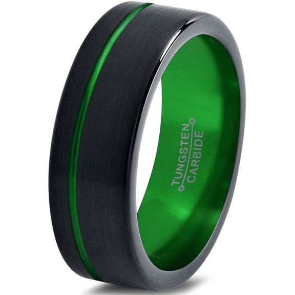 Tungsten Wedding Band Ring 8mm for Men Women Green Black Pipe Cut Brushed Polished Offset Line Lifetime Guarantee