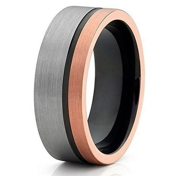 Tungsten Wedding Band Rose Gold Tungsten Black Tungsten Offset Groove 8mm Ring Comfort Fit