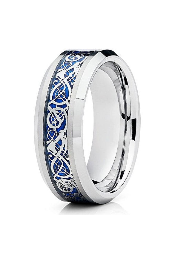 Tungsten Wedding Band Silver Polish Tungsten Ring Blue Dragon Tungsten Carbide Ring Bevel Edge Comfort Fit Men Women