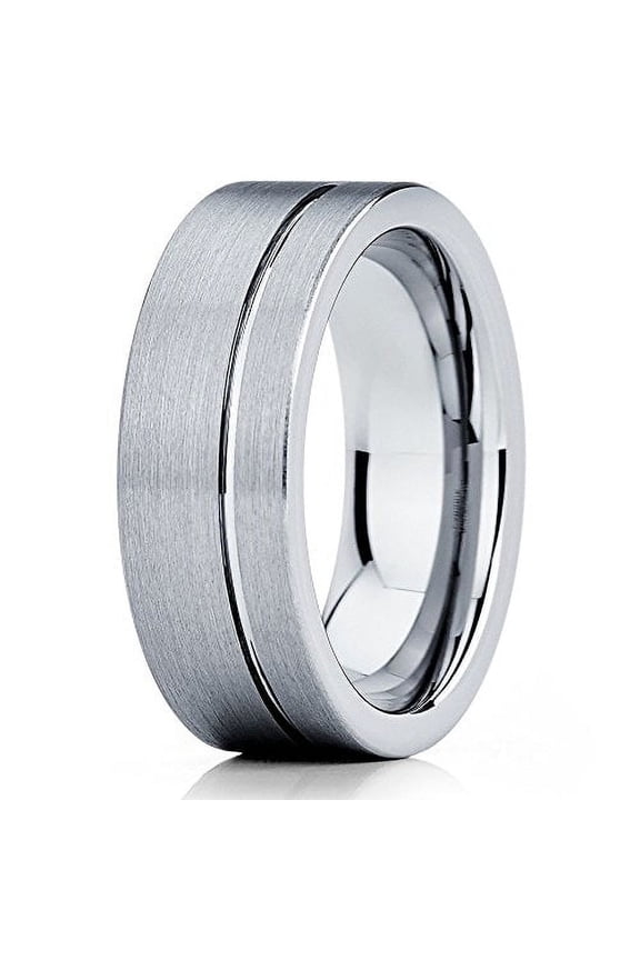 Tungsten Wedding Band Tungsten Carbide Ring Gray Tungsten Band 8mm Offset Groove Ring Men and Women Brushed Comfort Fit