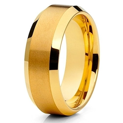Tungsten Wedding Band Yellow Gold Tungsten Ring Tungsten Carbide Ring Men and Women Brushed Beveled Ring Comfort Fit
