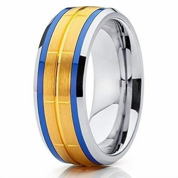 Tungsten Wedding Band Yellow Gold Tungsten Ring with Blue Inlay Tungsten Carbide Ring 8mm (6)