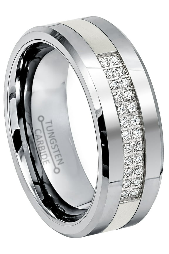 Tungsten Wedding Ring - Band for Mens 8mm Gunmetal Tungsten Ring 2-Row CZ Accented - Polished Low-Beveled Edge Comfort Fit Tungsten Carbide Ring TN774s10.5