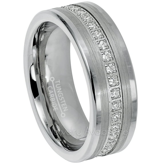 Jewelry Avalanche Mens Gunmetal Tungsten Eternity CZ Wedding Ring, Pipe Cut, 8mm Anniversary Band