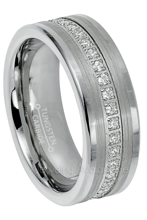 Mens Gunmetal Tungsten Eternity CZ Wedding Ring, Pipe Cut, 8mm Anniversary Band
