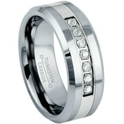 JEWELRY AVALANCHE Tungsten Carbide 7-CZ Mens Wedding Band, Comfort-fit, Low-Beveled, 8MM