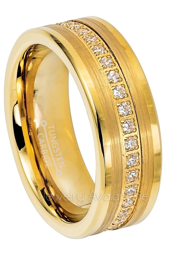 Mens Yellow Gold Plated Tungsten Eternity CZ Wedding Ring, Pipe Cut, 8mm Anniversary Band