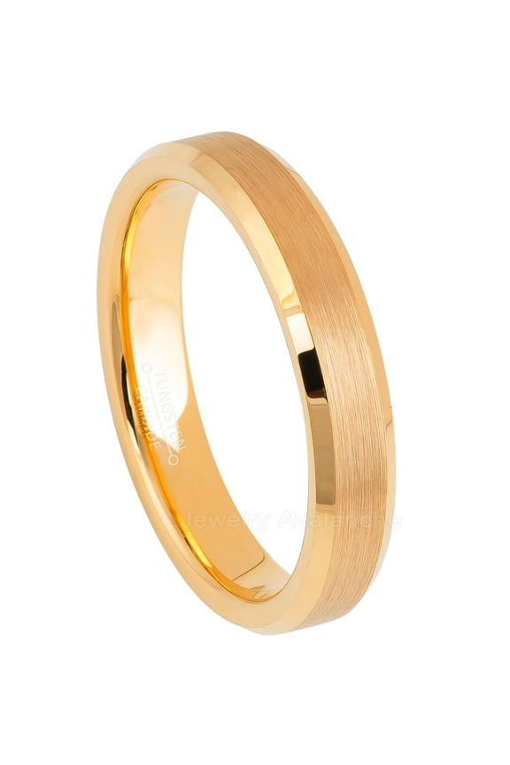 Tungsten Wedding Ring - Band for Mens & Womens- 4mm Beveled Edge Tungsten Ring - Yellow Gold IP Tungsten Band