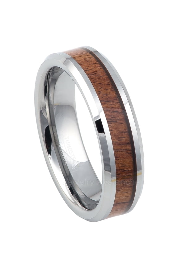 Beveled Mahogany Wood Inlay Tungsten Carbide Wedding Band Womens, Mens, 6MM, size 5