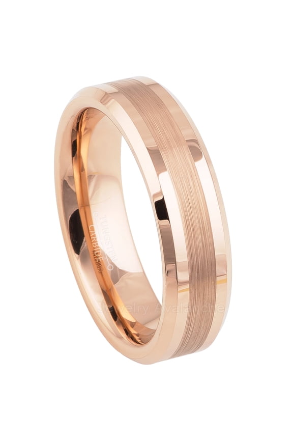 Tungsten Wedding Ring - Band for Mens & Womens- 6mm Rose Gold IP Tungsten Ring - Beveled Edge Tungsten Band