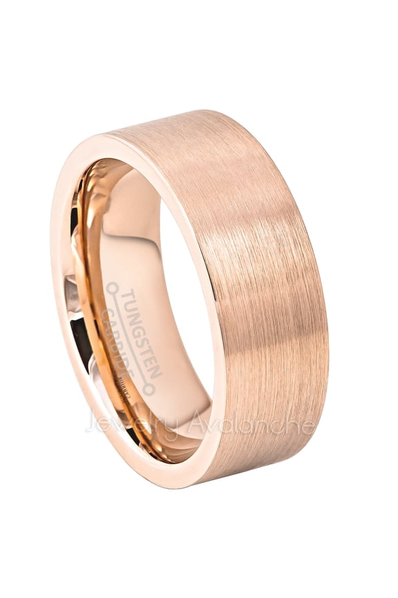 Tungsten Wedding Ring - Band for Mens & Womens- 8mm Pipe Cut Tungsten Ring - Rose Gold IP - Comfort Fit Tungsten Band