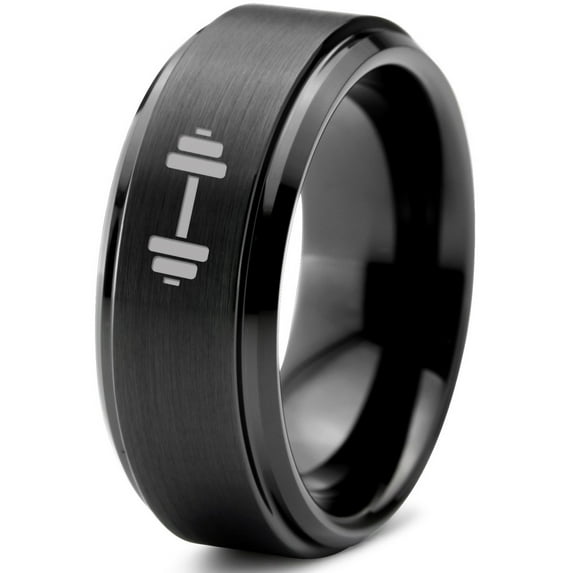 Tungsten Weightlifting Barbell Weight Band Ring 8mm Men Women Comfort Fit Black Step Bevel Edge Brushed Polished
