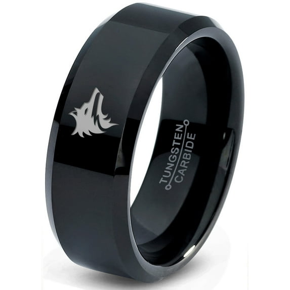 Tungsten Wolf Wolfpack Pack Canine Dog Band Ring 8mm Men Women Comfort Fit Black Beveled Edge Polished