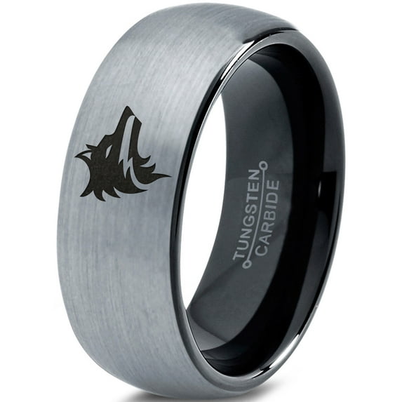 Tungsten Wolf Wolfpack Pack Canine Dog Band Ring 8mm Men Women Comfort Fit Black Dome Brushed Gray Polished