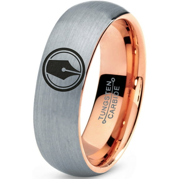 Tungsten Writing Writer Ink Fountain Pen Band Ring 7mm Men Women Comfort Fit 18k Rose Gold Dome Brushed Gray Polished