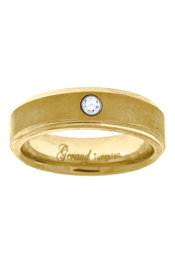 Tungsten Yellow-tone CZ Center Brushed Step Edges Mens Comfort-fit 6mm Size 14 Wedding Anniversary B Ring for Men