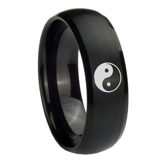 Tungsten Yin Yang 8mm Brushed Black Dome Polished Men Ring