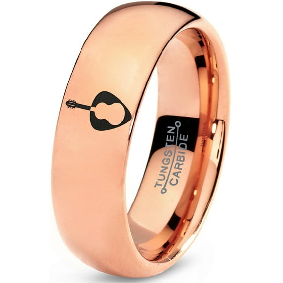 Tungsten Yin Yang Acoustic Guitar Pick Band Ring 7mm Men Women Comfort Fit 18k Rose Gold Dome Polished