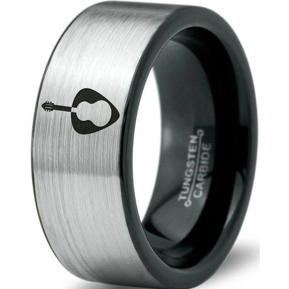 Tungsten Yin Yang Acoustic Guitar Pick Band Ring 8mm Men Women Comfort Fit Brushed Gray Flat Cut Black Polished
