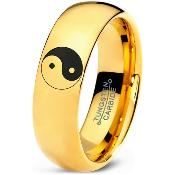 Tungsten Yin-Yang Band Ring 7mm Men Women Comfort Fit 18k Yellow Gold Dome Polished Size 6