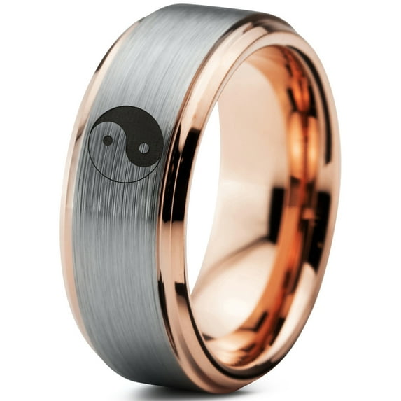 Tungsten Yin-Yang Band Ring 8mm Men Women Comfort Fit 18k Rose Gold Step Bevel Edge Brushed Polished Size 11
