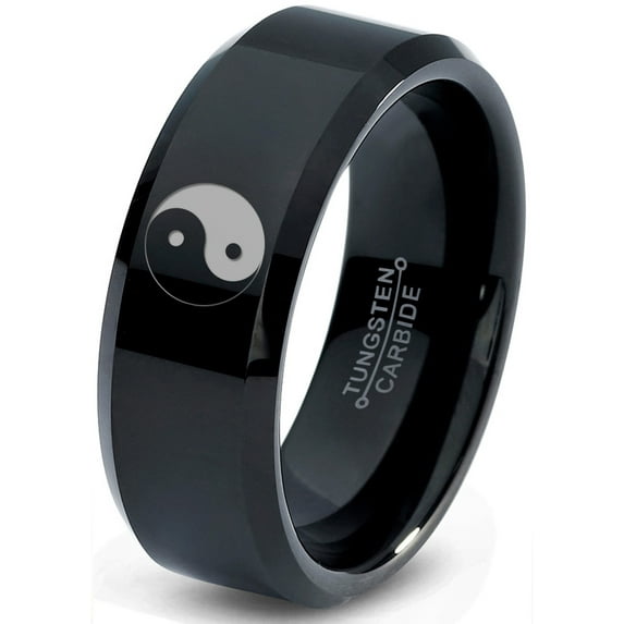 Tungsten Yin-Yang Band Ring 8mm Men Women Comfort Fit Black Beveled Edge Polished Size 12
