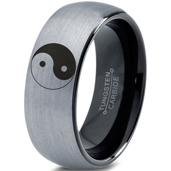Tungsten Yin-Yang Band Ring 8mm Men Women Comfort Fit Black Dome Brushed Gray Polished Size 13