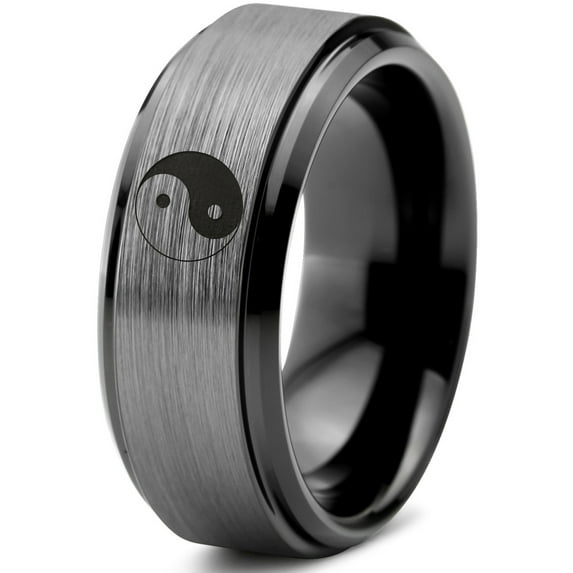 Tungsten Yin-Yang Band Ring 8mm Men Women Comfort Fit Black Step Bevel Edge Brushed Gray Polished Size 7.5