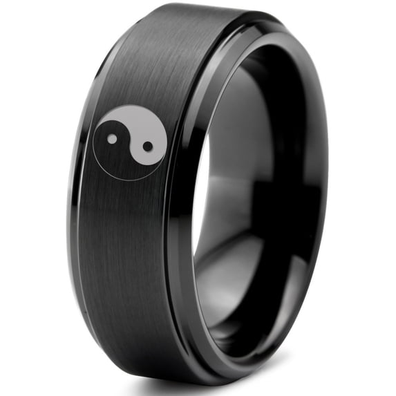 Tungsten Yin-Yang Band Ring 8mm Men Women Comfort Fit Black Step Bevel Edge Brushed Polished Size 11.5